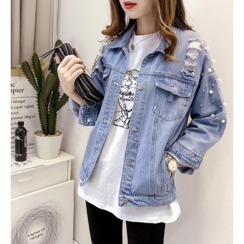 Korean Denim Jacket For Women Spring Loose Sequins Beaded Hole POLO Collar Single-breasted Solid Color Jean Jacket Ladies Tops