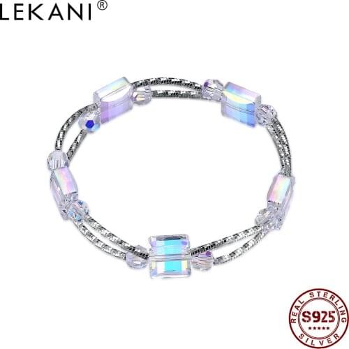 LEKANI Bangle Bracelets For Women 925 Sterling Silver Geometric Square Austria Crystal Charms For Bracelets Fine Jewelry