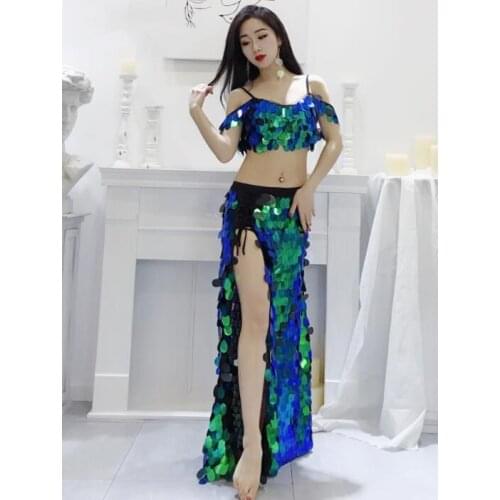 New Bling Bling skirt suits Women Oriental Dance Clothes Sexy Big Sequins Bra+Long Skirt 2pcs For Gilrs bellyDance costumes