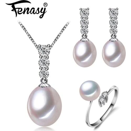 FENASY Natural Pearl Jewelry Sets gemstone ring long Earrings For women sterling silver Chain Necklace pendant Fine Jewelry