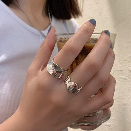 Retro Irregular Glossy Geometric Round Chunky 925 Sterling Silver Adjustable Rings For Women Minimalist Delicate Jewelry Gift