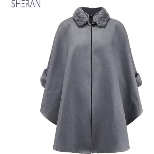 SHERAN 2018 Autumn Winter Women Faux FoxFur collar Outerwear Woolen Coats Women Overcoat Jackets Cloak Shawl Woolen Coat Female