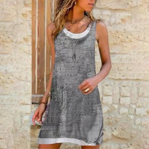 Creative Map Printing Summer Dresses Womens Vintage Loose Plus Size XXXL Dresses Round Neck Sleeveless Casual Dress Vestidos