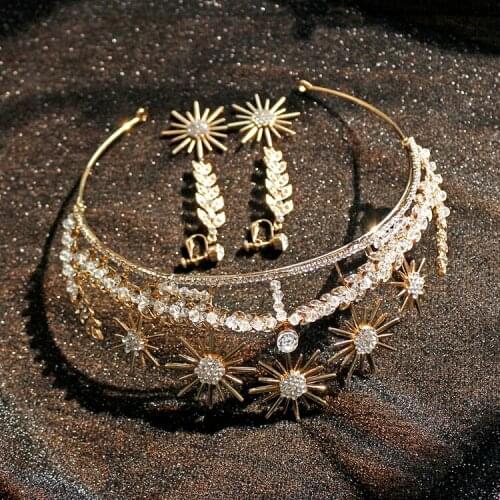 Gold Star Bride Crowns Earrings Sets Baroque Wedding Accessories Headband Rhinestone Bridal Diadem Tiaras Hair Ornaments