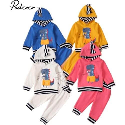 2Pcs Toddlers Spring Outfits, Dinosaur Print Hooded Long Sleeve Sweatshirt + Casual Pants for Baby Girls, Boys, 4 Colors