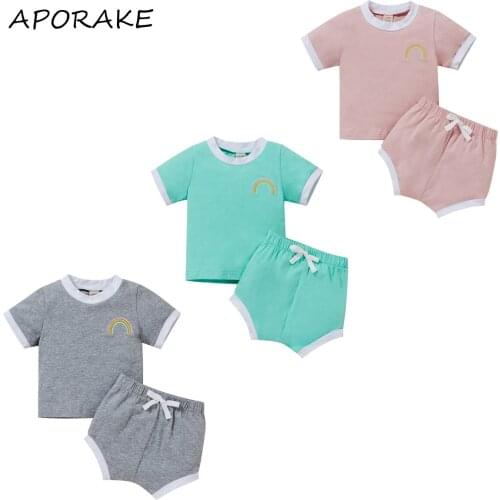 2021 0-3Y Summer Infant Girl Boy Clothing Set Rainbow Embroidery Short Sleeve T-shirt+Shorts Casual Tracksuit Outfits 2pcs
