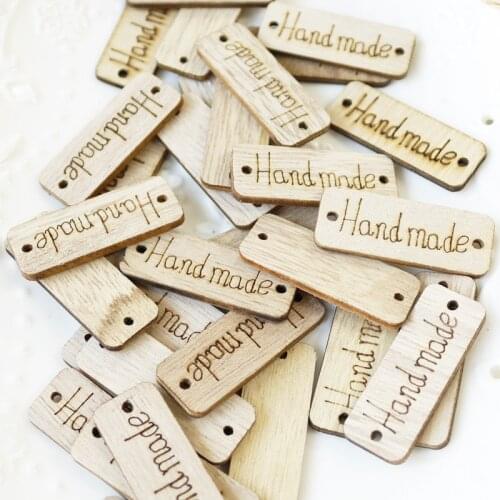 50pcs Wooden "Hand Made" Tags Natural Wooden Button Gift Tags Sewing Accessories For Clothes DIY Craft Label Gift Box Decoration