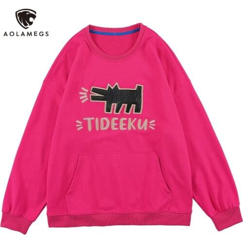 Aolamegs Animal Patch Letter Embroidery Big Pocket Sweatshirt Men 3 Color Optional Cozy Hip Hop Style Pullover Couple Streetwear