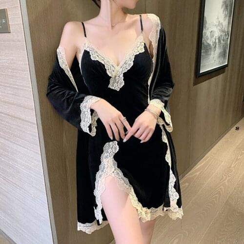 Black Velour Kimono Robe Gown Sets Female Autumn Winter Nightwear Lace Trim Sleepwear Sexy Front Split Nightgown Casual Pajamas