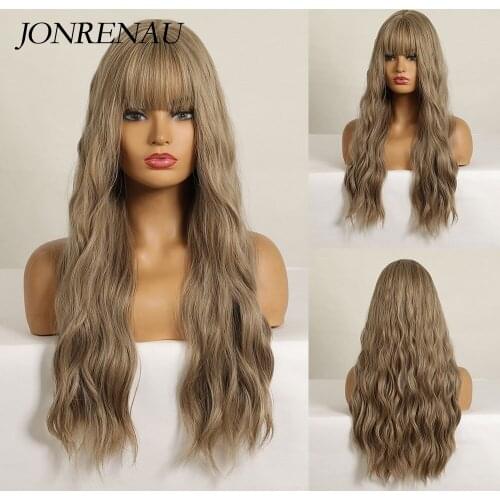 JONRENAU 26 inches Long Ash Blonde Wig with Air Bangs Silky Full Heat Resistant Synthetic Wig for Women Party Cosplay Body Wavy