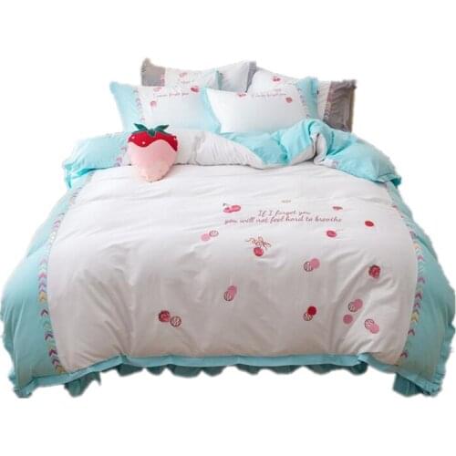 Princess style Bedding Set Cotton Fruit embroidery Bed Set Cyan / white Duvet Cover/skirt/pillowcases 1.5m/1.8m/2.0m Size Bed