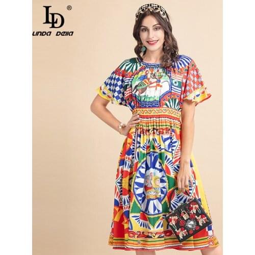 LD LINDA DELLA New 2021 Fashion Runway Summer Dress Womens Short sleeve Elastic Waist Warrior Totem Print Vintage Party Dress