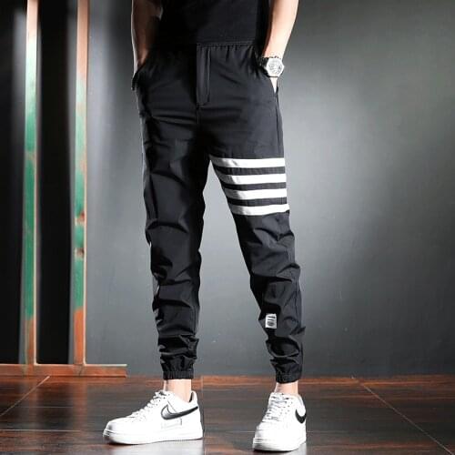 Summer Thin Casual Black Sports Pants Men Loose Joggers Fashion Striped Ice Silk Quick Drying Trousers