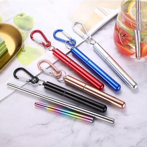 Metal Reusable 304 stainless steel telescopic straw Creative Travel Portable Stretch Straw Aluminum bottle suit