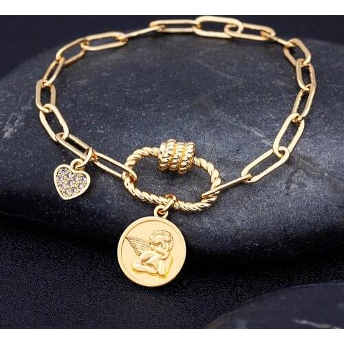 New Arrival Angel Heart Crystal Pendant Lock Link Chain Adjustable Bracelet For Women Couple Gold Color Bangle Jewelry Gift