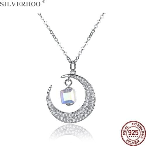SILVERHOO Sterling Silver 925 Jewelry Shiny Moon Pendant Necklaces For Women Geometry Square Austria Crystal Necklace Party Gift