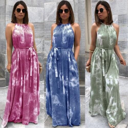 Echoine Sleeveless Halter Tie Dye Print Long Maxi Dress Women Elegant Vestidos Female Lace Up Belted Dresses Beach Holiday Robe