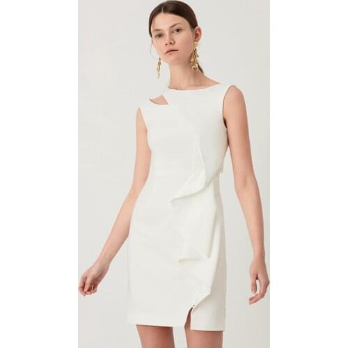 YIGELILA New Arrivals Fashion Women White Ruffles Dress Solid O-neck Hollow Out Dress Sleeveless Empire Slim Mini Dress 65402