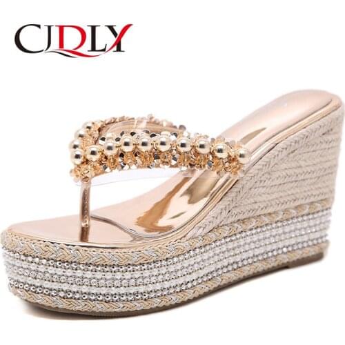 CJDLY Luxurious Wedges Straw High-Heel Sandals Beaded Flip Flops Bohemian Style Sandals Womens Shoe Concise Comfort High Heels