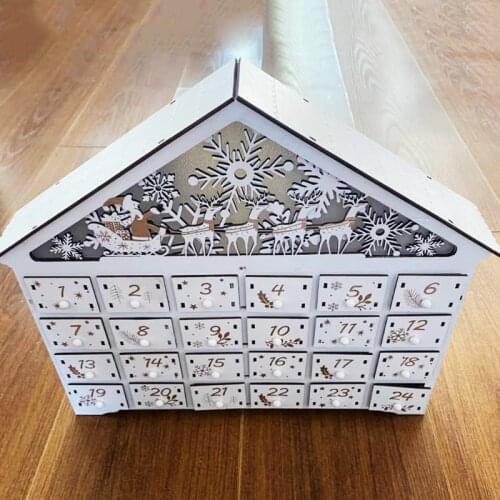 Christmas Wooden House Advent Calendar LED Lighted Snowflake Reindeer Scene Countdown Ornament with Large Drawer Box