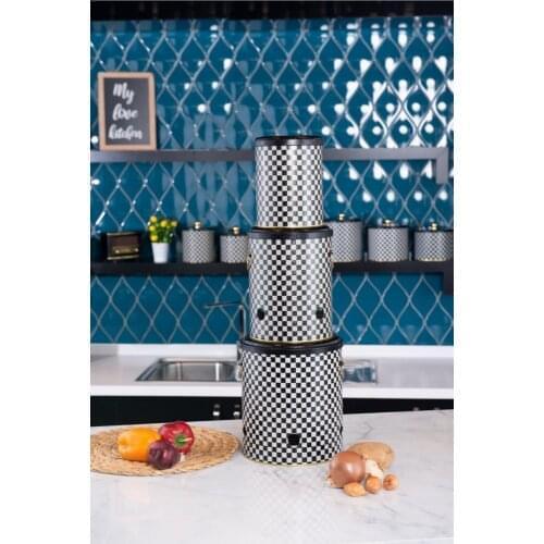 Checkerboard Embossed 3'lü Set Metal Potato Onion Garlic Storage Container-Black White