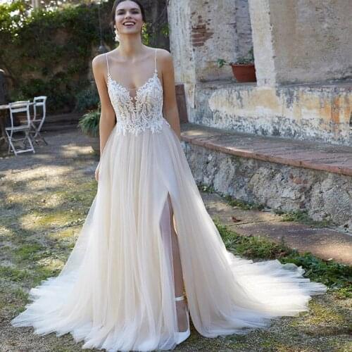 Sexy Spaghetti Straps Wedding Dresses 2021 Boho Split Front A Line Bridal Dress Tulle See Through Illusion Women Formal