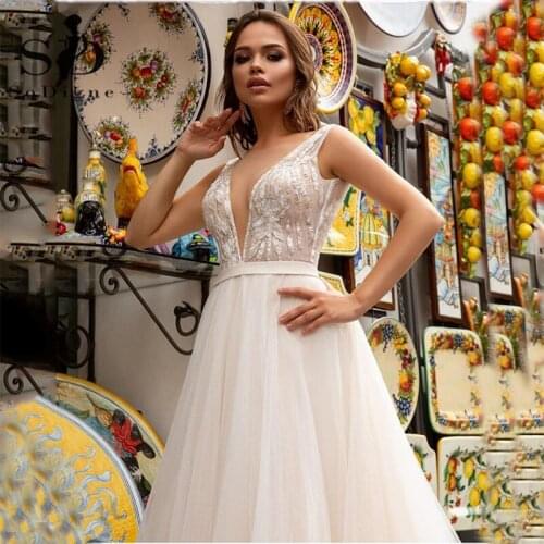 SoDigne Bohemian Wedding Dresses 2021 Appliques Lace V neck Boho Bridal Gown Princess Wedding Dress vestido de noiva simples