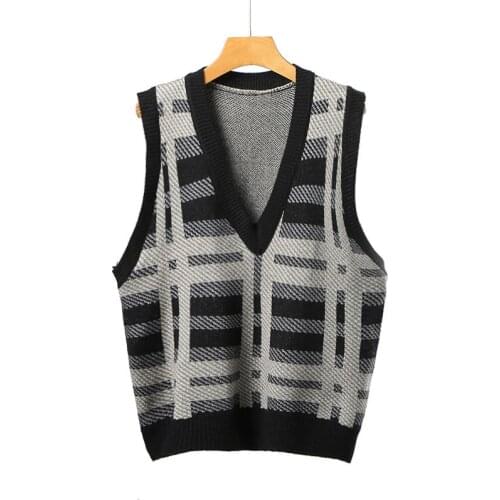 Urifens Sueter 2021 Spring New Korean V-neck Knitted Vest Womens Loose Argyle Sleeveless Vintage Sweater Vest Female Tops BN71U
