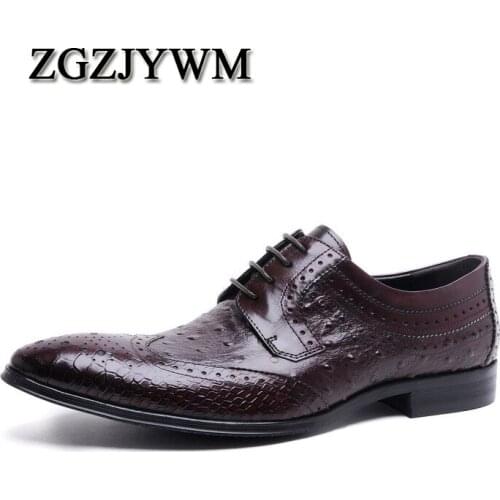 ZGZJYWM New Italian Brand Ostrich Style Fashion Genuine Leather Men Oxford Pointed Toe Casual Business Men Dress Wedding Shoes