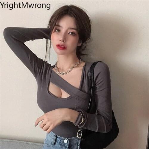 Korean Long Sleeve Autumn T-Shirt Women Sexy Bandage T Shirt Cotton Top Fashion Tee Solid White Gray Black Hollow Simple Casual