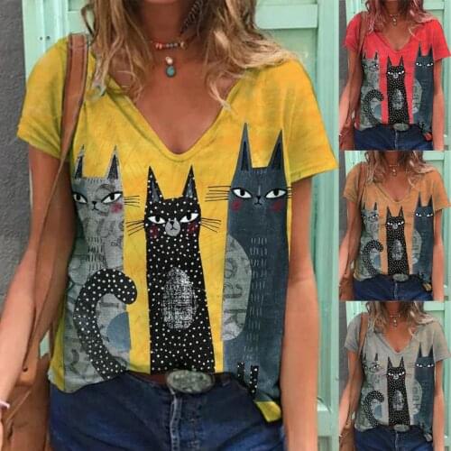 2021Summer New Cat Print Womens T-shirt Short-sleeved V-neck Loose Casual Tops Pullover T-shirt Camisetas Mujer Manga Corta