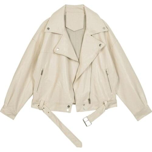 Womens Motorcyle Beige PU Leather Jacket Coat Autumn Lapel Zipper Belt BF Style Casual Faux Leather Jacket abrigo mujer