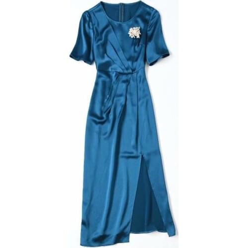 Womens European and American wear 2021 summer new style Round neck with short sleeves Fashionable blue dress with slit