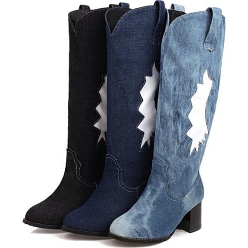 OLOMLB Womens Pointed Toe Denim Jeans Chelsea Knee Thigh Boots Block High Heel Cowboy Western Shoes Motorcycle Plus Size 34-48