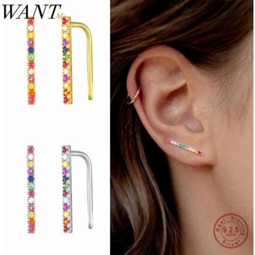 WANTME Fashion Minimalist Real 925 Sterling Silver Color Zircon Geometric Square Bar Stud Earrings for Women Wedding Jewelry