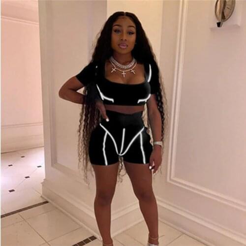 Women Running Yoga Set Reflective Tracksuit Gym Clothes Fitness Workout Outfit Crop Top+Leggings Shorts Stretch Tight Sport Wear