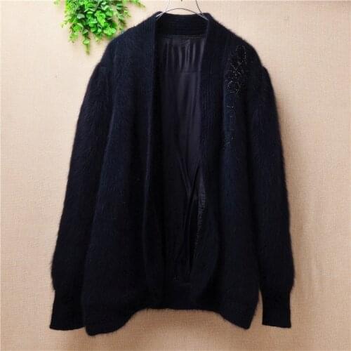 One size women causal black cardigan angora rabbit hair knitted sweater long sleeve exquisite thorn flower spring warm jack coat