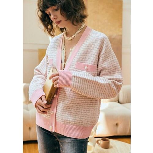 Cardigan Women 54% Viscose Blended Knitted Pockets V Neck Long Sleeves Patchwork Design Casual Style Loose Jacket New Fashion