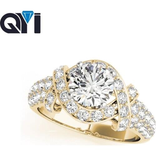 QYI Round Cut Cubic Zirconia 14k Yellow gold Ring Classic Engagement Wedding Ring For Women Bridal Jewelry