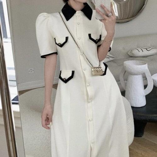 Puff sleeve fried street dress 2021 new summer womens French slit black dress long dress long sleeve dress