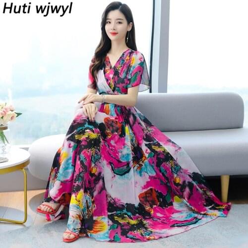 Summer Beach Vacation Boho Print Chiffon Maxi Dress Vintage Print Plus Size Midi Dress 2021 Women Bodycon Elegant Party Vestidos