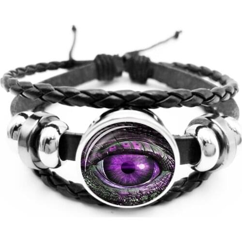 2020 Evil Eye Charm Bracelet Glass Cabochon Black Leather Woven Snap Button Bracelet Men and Women Jewelry Gift