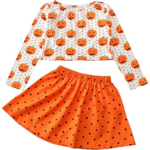 Kids Halloween 2Pcs Outfits, Pumpkin Dots Print O-Neck Long Sleeves Crop Tops + Elastic Waist Short Skirt for Girls, Orange