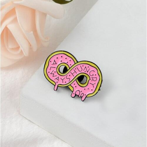 Pink donut Pin Sweet water flowing down"Always Hungry"Enamel brooches badges Jewelry Lapel Pin delicious Gift for Kids Christmas