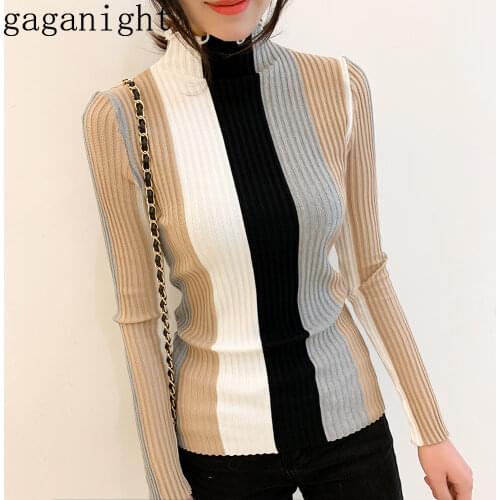 Gaganight Casual Striped Women Sweater Bodycon Long Sleeve Turtle Neck Pullover Knitted Patchwork Retro Korean Jumper