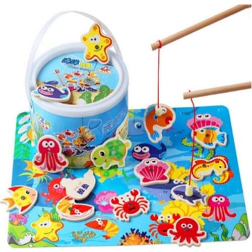 Hot Sale Toddler Baby Educational Puzzle Toy Fish Children Wooden Magnetic Fishing Game Toys Set for Kids 14Pcs with Gifts Box