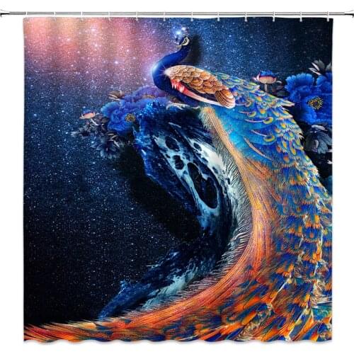 China Bird Printed Bath Curtain Waterproof Curtain 3D Polyester Fabric Shower Curtain with Hooks for Washable Bathroom Decor