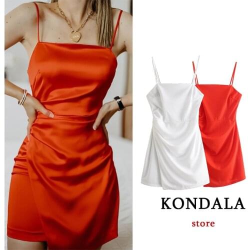 KONDALA Za 2021 Chic Red Sexy Women Mini Pleated Party Dress Square Collar Side Split Fashion Cami Dress Y2K Girls Vestidos
