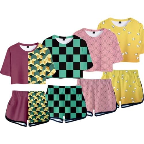 Demon Slayer Kimetsu no Yaiba Outfit Costume Top Shorts Sport Suits Women Kamado Nezuko Cosplay Running Shorts Shirt Girls Set