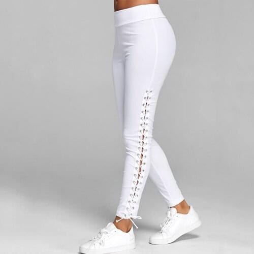 Plus Size S-3XL Lace Up Grommet Leggings Skinny Leggings Women Pencil Pants Trouser Black White Leggings Streetwear Cargo Pant